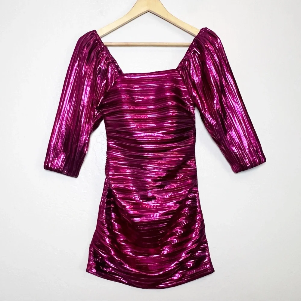 •LOVESHACKFANCY• Thompson Rose Appliqué Metallic Minidress in Fuchsia‎ Size 0 - Picture 3 of 15